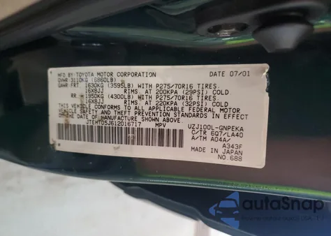 2001 Toyota Land Cruiser z USA, uszkodzony, nr VIN JTEHT05J612016717